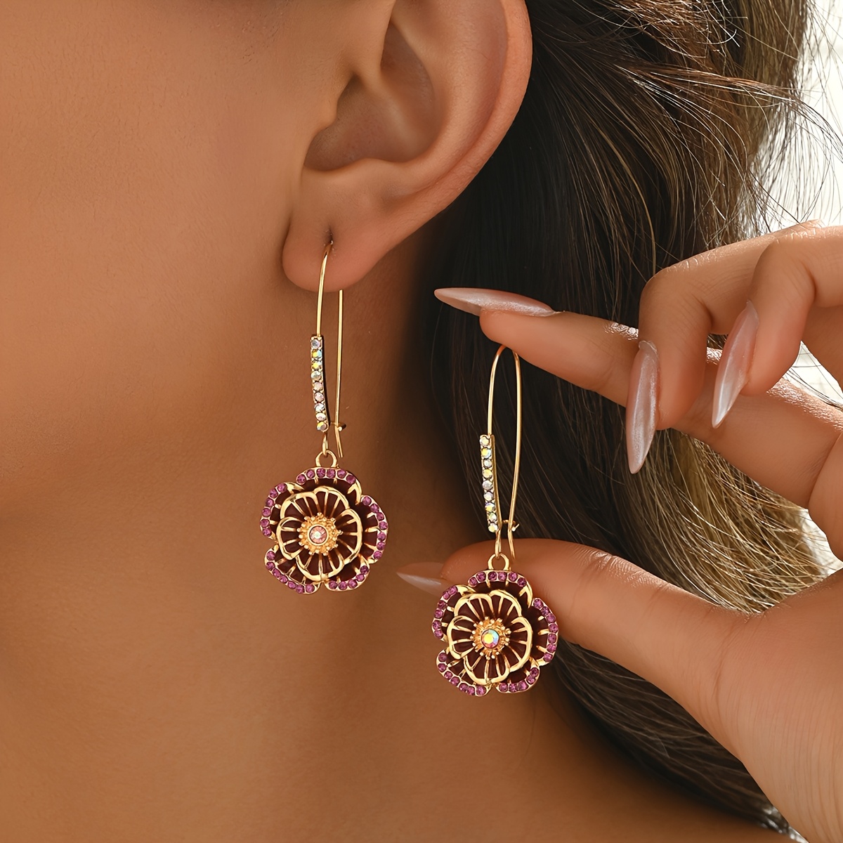 Classic Multicolor Enamel Full Flower Earrings, High-End