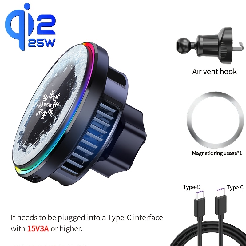 TEMU Qi2.2 Car Phone Mount, 25w Wireless Fast Charging For Iphone 16-17 Series, Featuring Rgb Ambient Lighting, Semiconductor Cooling, And Turbo Fan