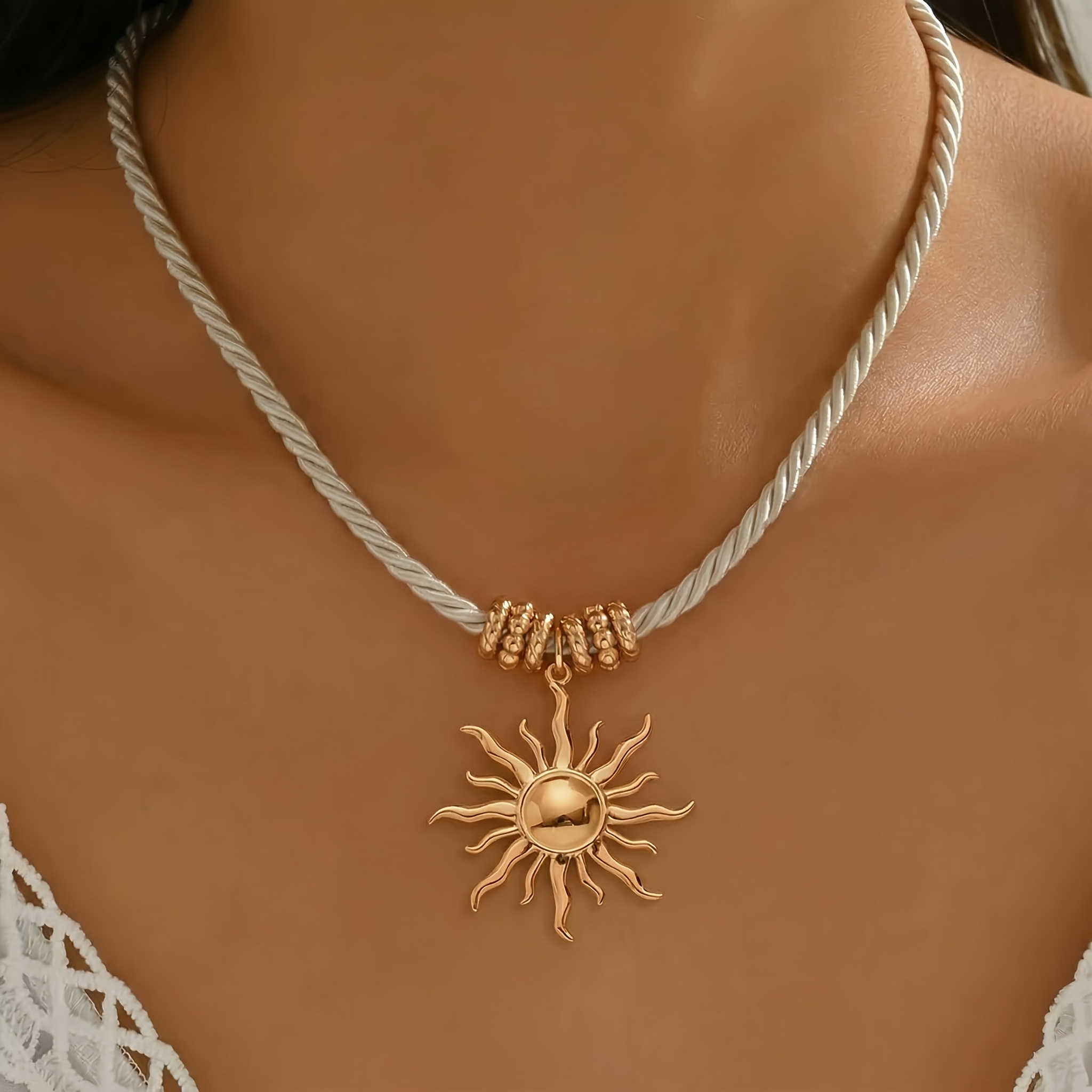 TEMU 1pc Of Simple And Elegant Women's Pendant Necklace, Vintage Bohemian Golden Starfish Spiral Sun Pendant, Braided White Thick Collarbone Chain,