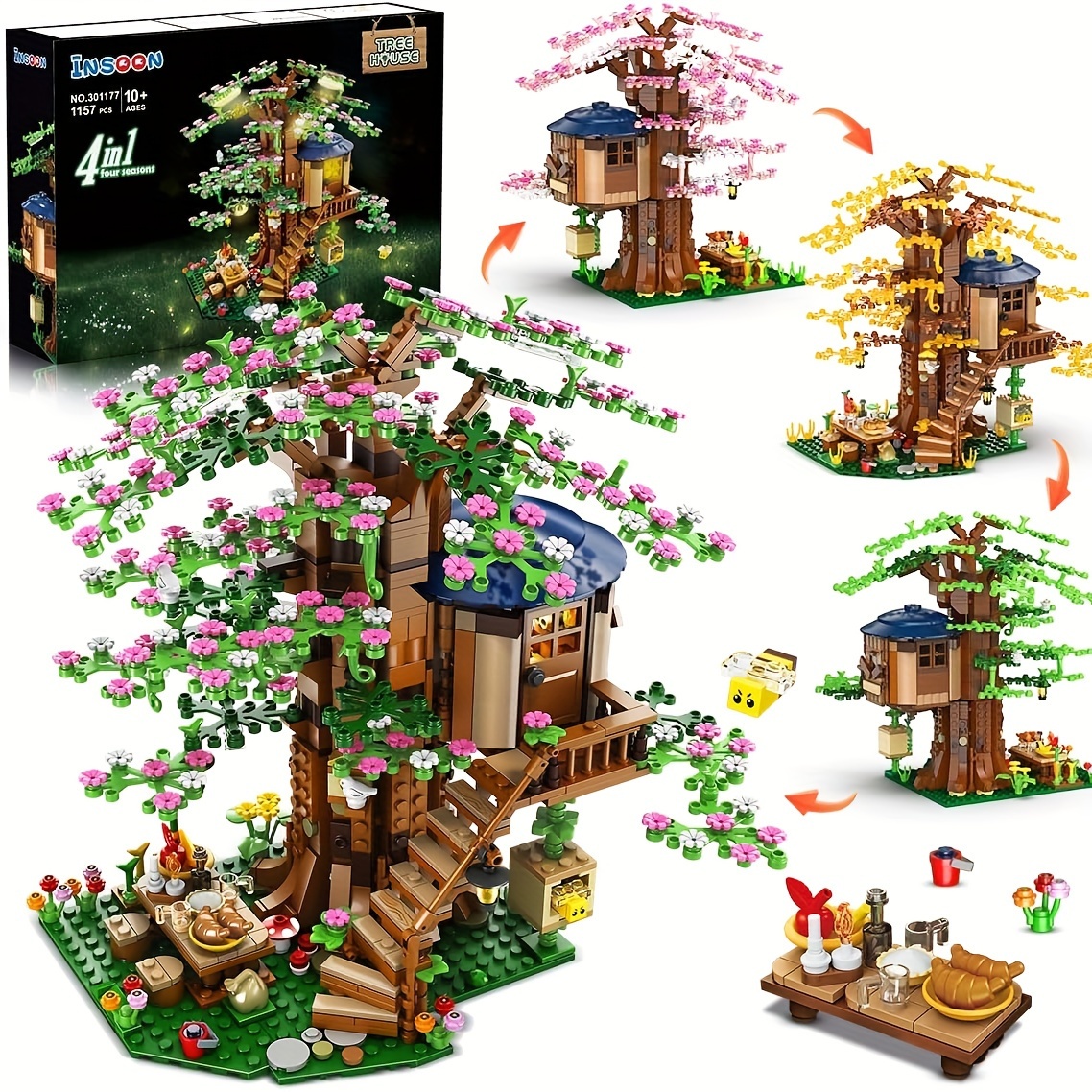 

4 In 1 Tree House Building Set With Led Light, 1157 Pcs Flowers Treehouse Toy, House Building Kit With Bird Bees, Birthday Gift For Adults Teens Kids Girls Boys 10+