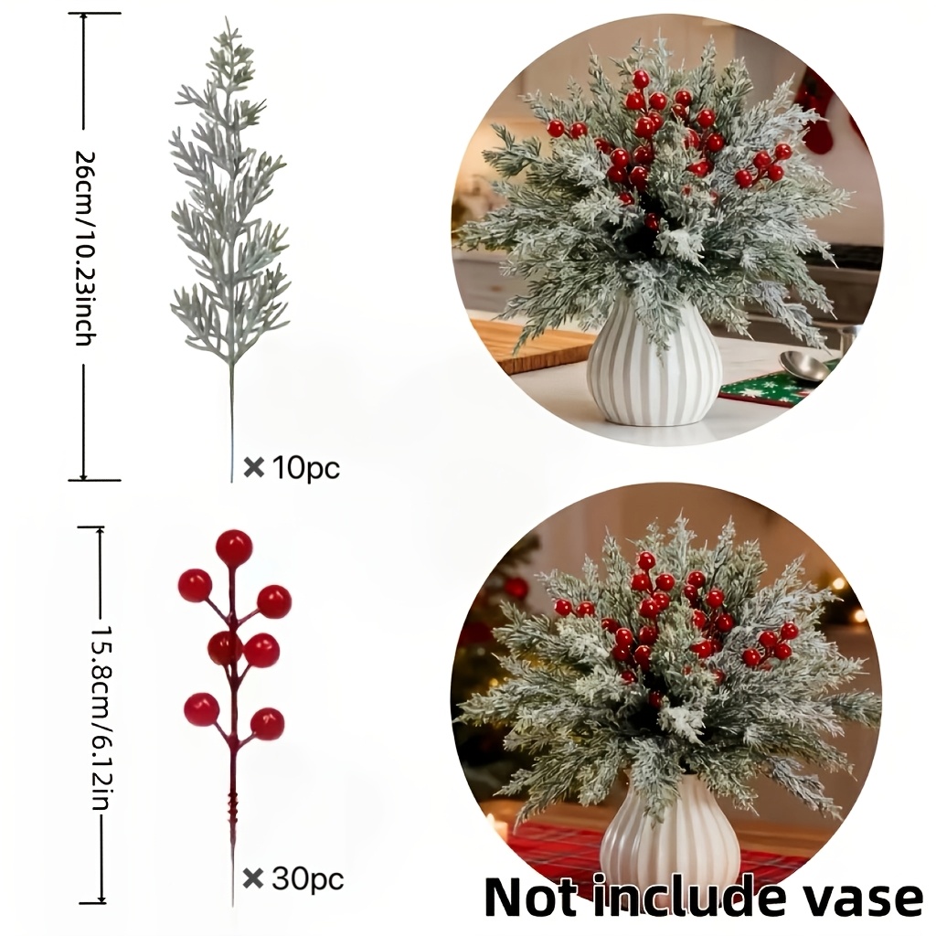 TEMU 40pcs Artificial Pine Needles And Artificial Flowers, Artificial Plastic Berries, Suitable For Christmas Decorations, Home Decor, Table