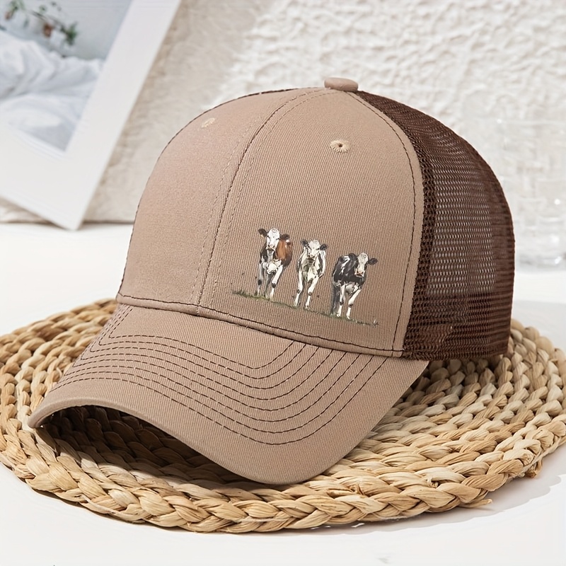 TEMU Cartoon Three-cow Print Women's Printed Trucker Cap Baseball Cap Printed Mesh Snapback Summer Hat Unisex Driver Cap
