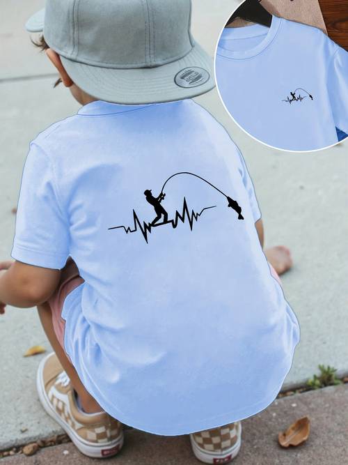 lente/zomer jongens mode trendy korte mouw t-shirt met creatieve vissersprint voor- en achterkant, casual veelzijdig katoenen top