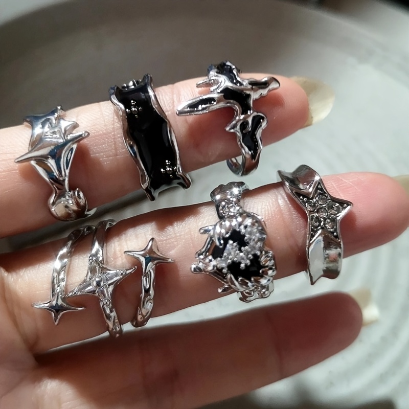 TEMU 6pcs Punk Dark Retro Cross Star Heart-shaped Open Rings Women's Y2k Style Trash Rock Gothic Additions Jewelry Gift, Christmas Jewelry, Halloween