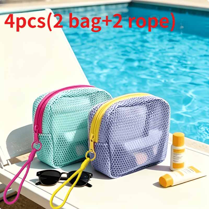 TEMU 4pcs Set (2pcs Bags And 2pcs Wrist Straps) Mesh Transparent Makeup Bags, Foldable Travel Toiletry Bags, Multi-pocket Portable Cosmetic Storage
