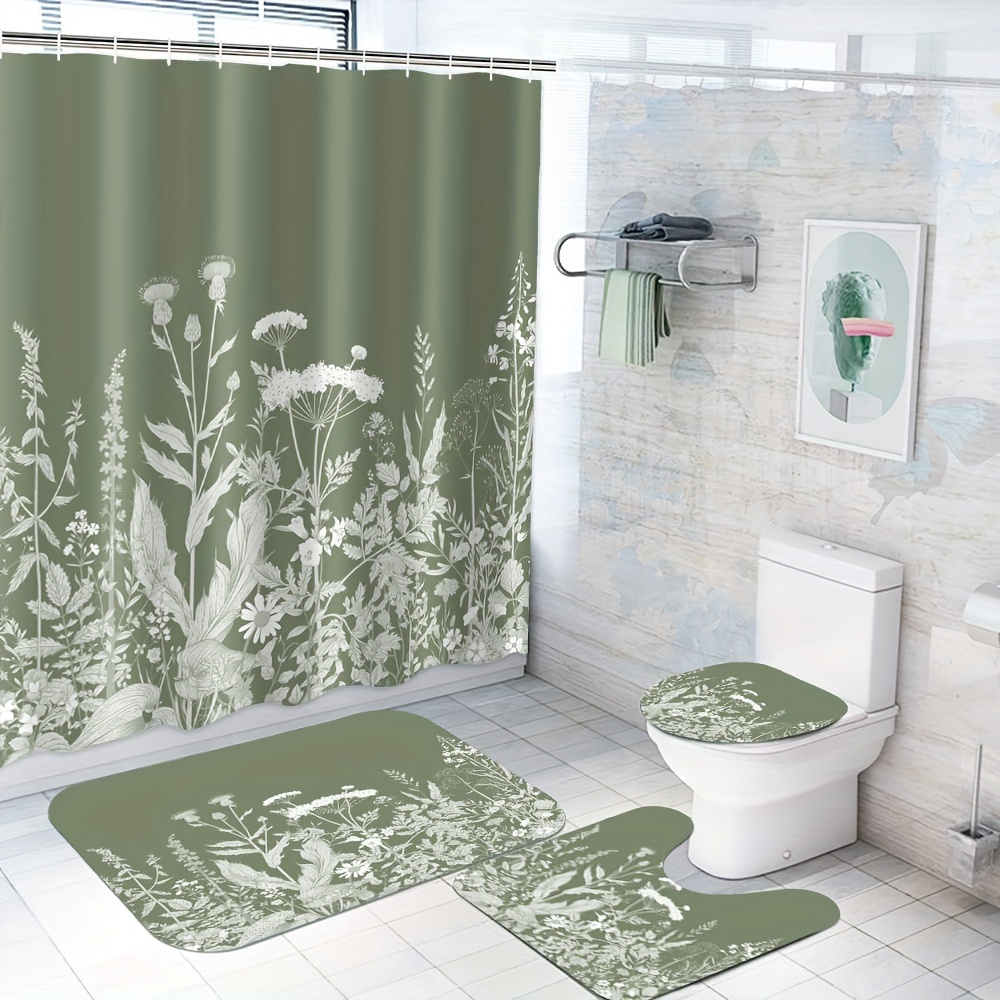 

1/4pcs Green Floral Print Pattern Shower Curtain Set, Shower Curtain With 12 Hooks, Non-slip Bath Mat, U-shaped Toilet Mat, Toilet Mat, Bathroom Decor Accessories