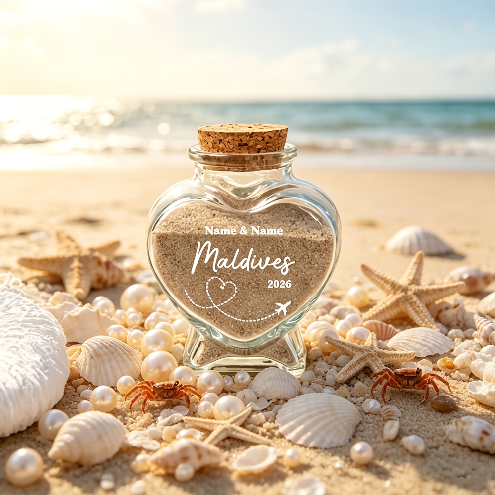 TEMU 1pc 1pcs Custom Honeymoon Heart-shaped Glass Bottle - Personalized With Names/text & Date, Suitable For Wedding Favors, Beach Wedding, Sand