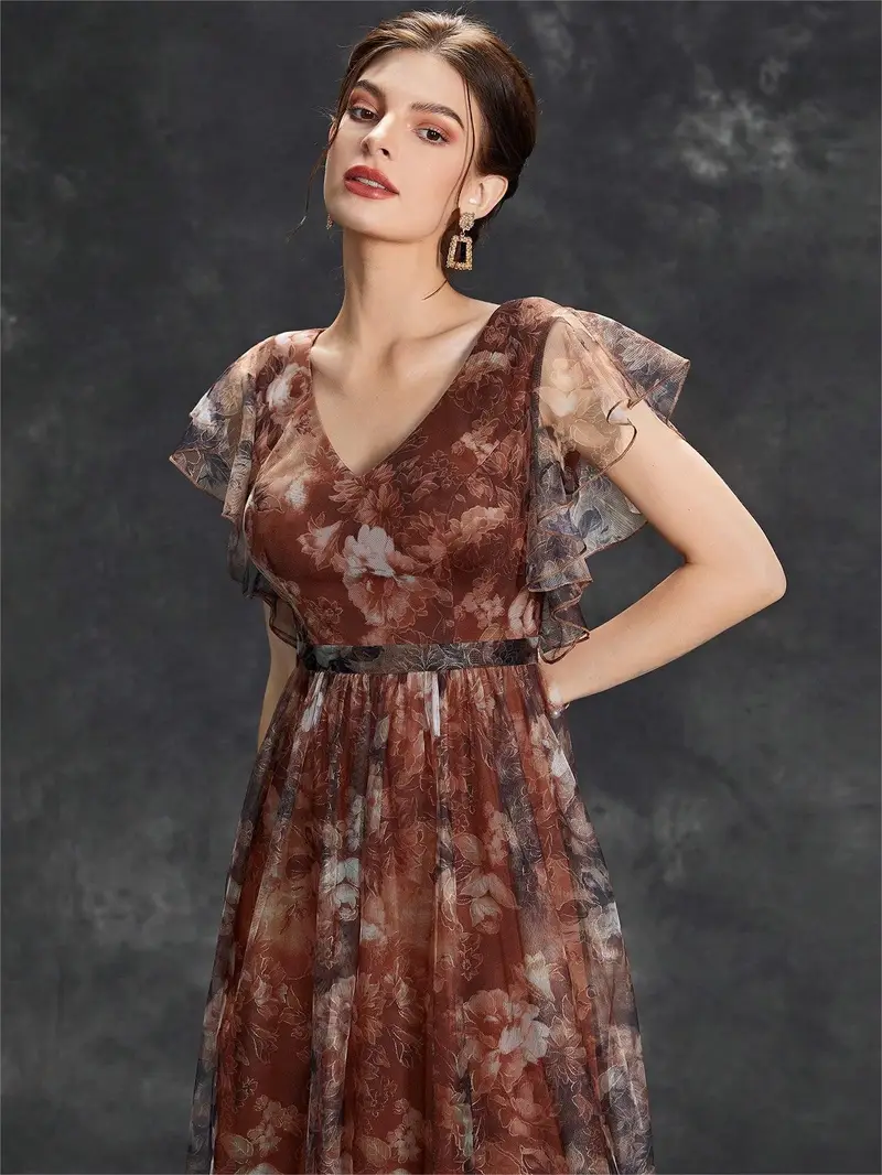 elegant womens deep v neck bridesmaid dress with short sleeves floral print lace trim satin mesh overlay ruffle hem a line long skirt weddings and formal events wedding guest attire floral print dress Product details 14