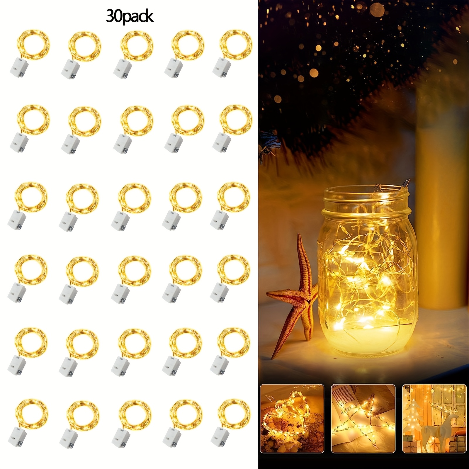 Lot De 6 Guirlandes Lumineuses LED Fil Argent - 2 Mètres, 20 LEDs, Blanc Chaud, étanches IP67, Sur Piles