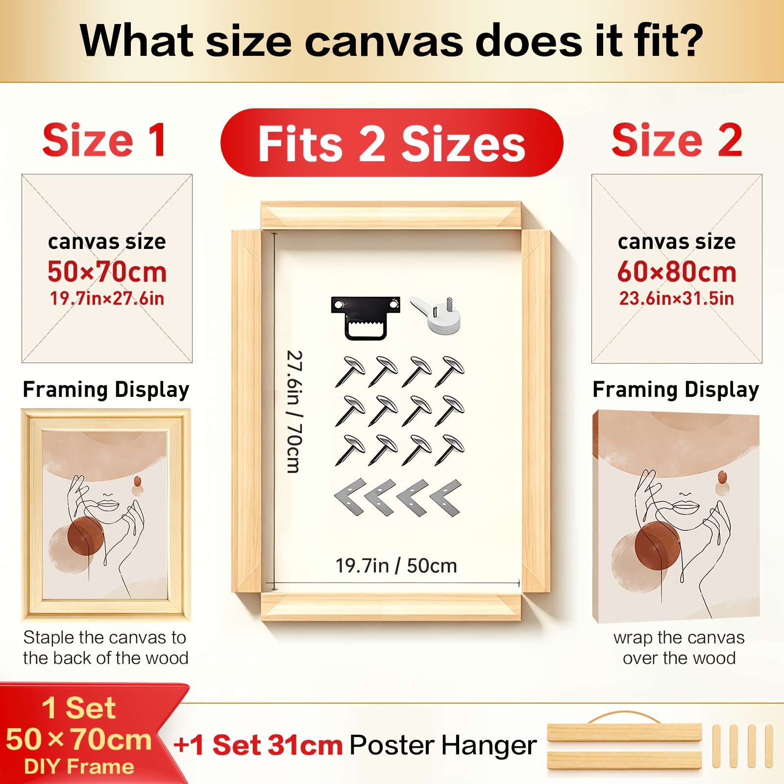 TEMU Ensemble de cadre pour affiche sur toile en bois plat 2D, 2 pièces, 1 kit de cadre en bois (multi-tailles) et 1 cintre pour affiche de 31 cm,