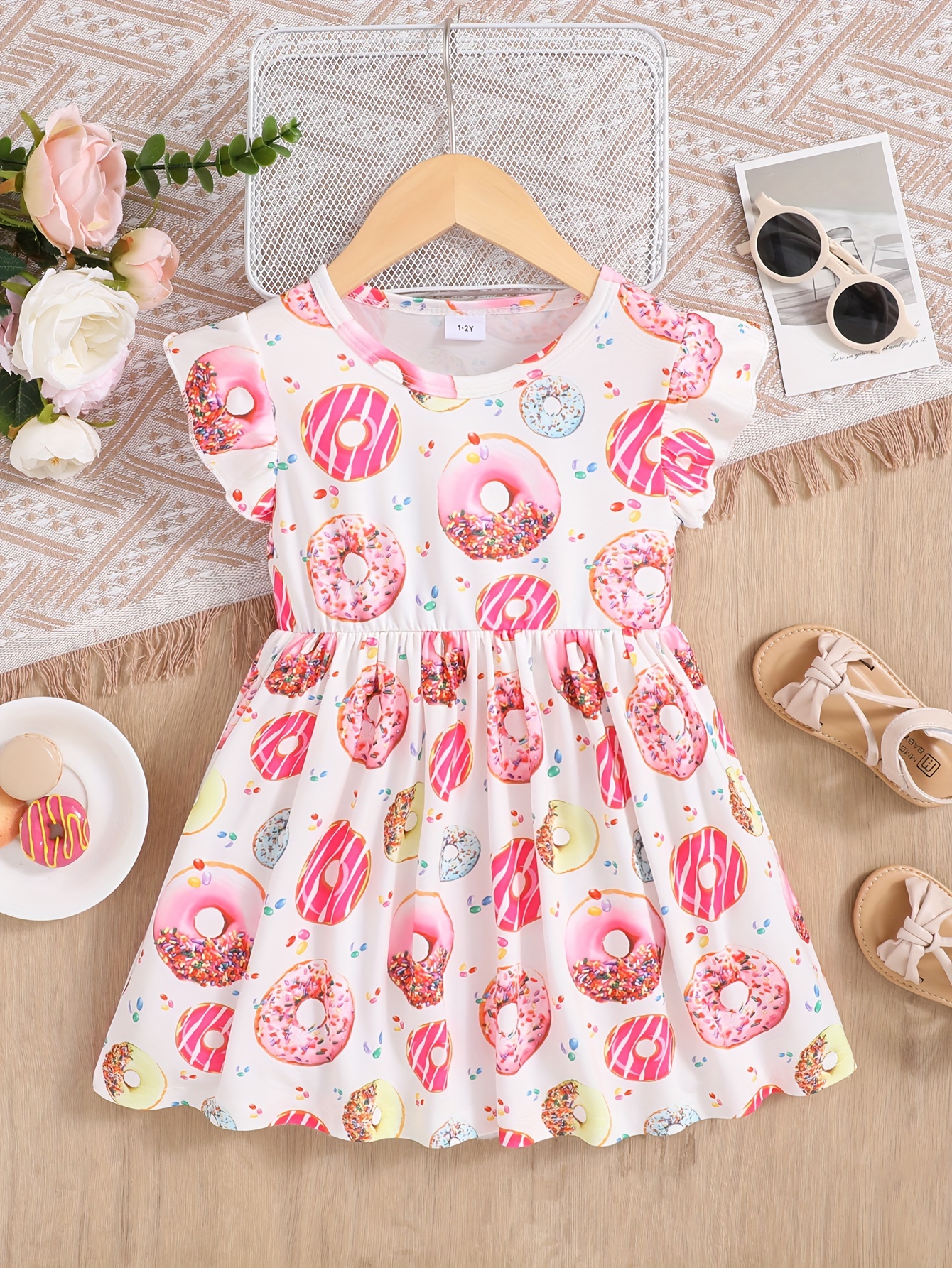 Girls Donuts Full Print Ruffle Sleeve Dress Casual A line - Temu Australia