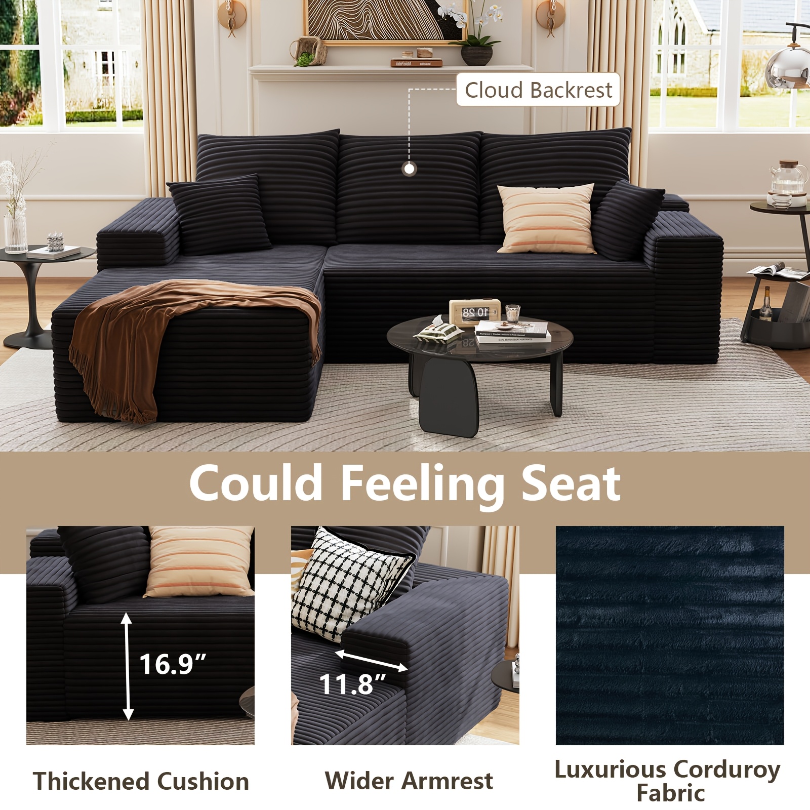 94.1" CONTEMPORARY MODULAR L-SHAPED CLOUD SOFA SET FOR LOUNGE - Plush Cushions, Design, Easy Assembly for Spacious Areas - Ideal for Living Rooms And Flats - Minimalist Aesthetic, Lightweight Furnishings, Home Decor 24 94.1