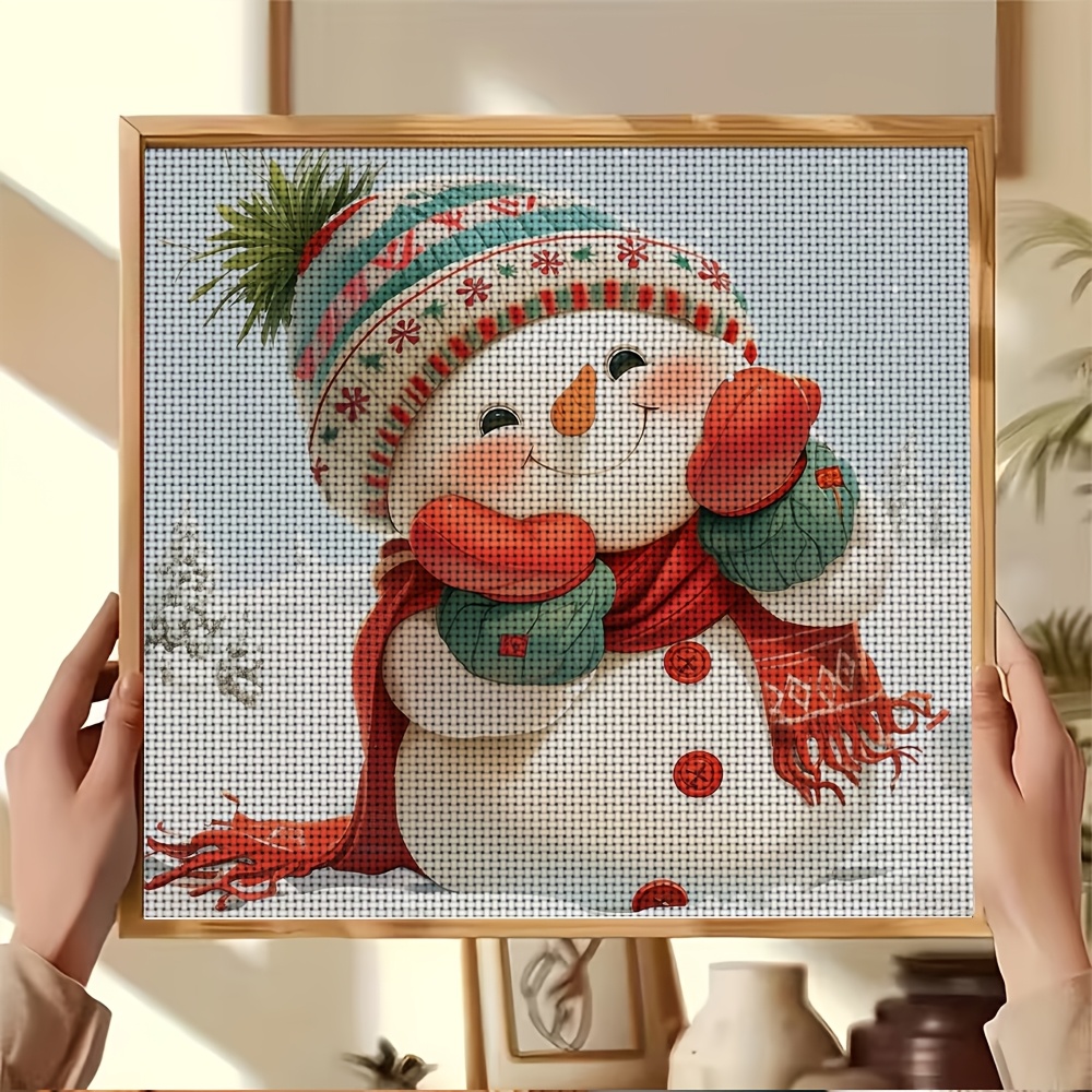DIY Cross-Stitch Printed Kit, Snowman Wearing Colorful Hat and Scarf Pattern