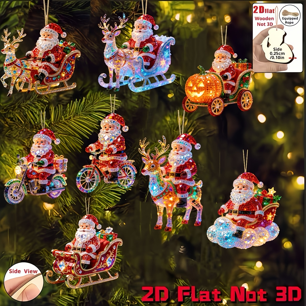 TEMU 2d Flat, 8pcs Set, 2d Embossed Wooden Material Home Pendant, Christmas, Mother's Day, Father's Day, Santa Claus Sitting On Various Christmas
