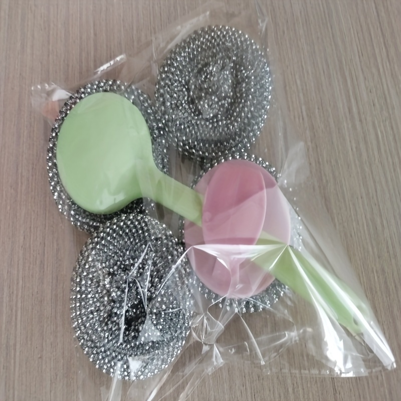 Estropajo de esponja de acero inoxidable con mango, cepillo de limpieza de cocina con almohadilla de fregado, bola de limpieza de alambre de acero nano para sartén antiadherente, desmontable, lavable, sin residuos y sin rayones