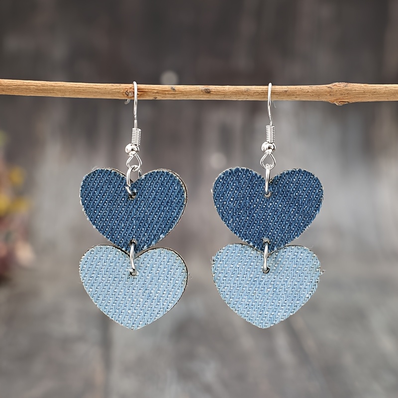 TEMU A Pair Of Vintage Western-style Denim-inspired Earrings With Multiple Heart And Circle-shaped Pu Designs, Ideal For Gifting