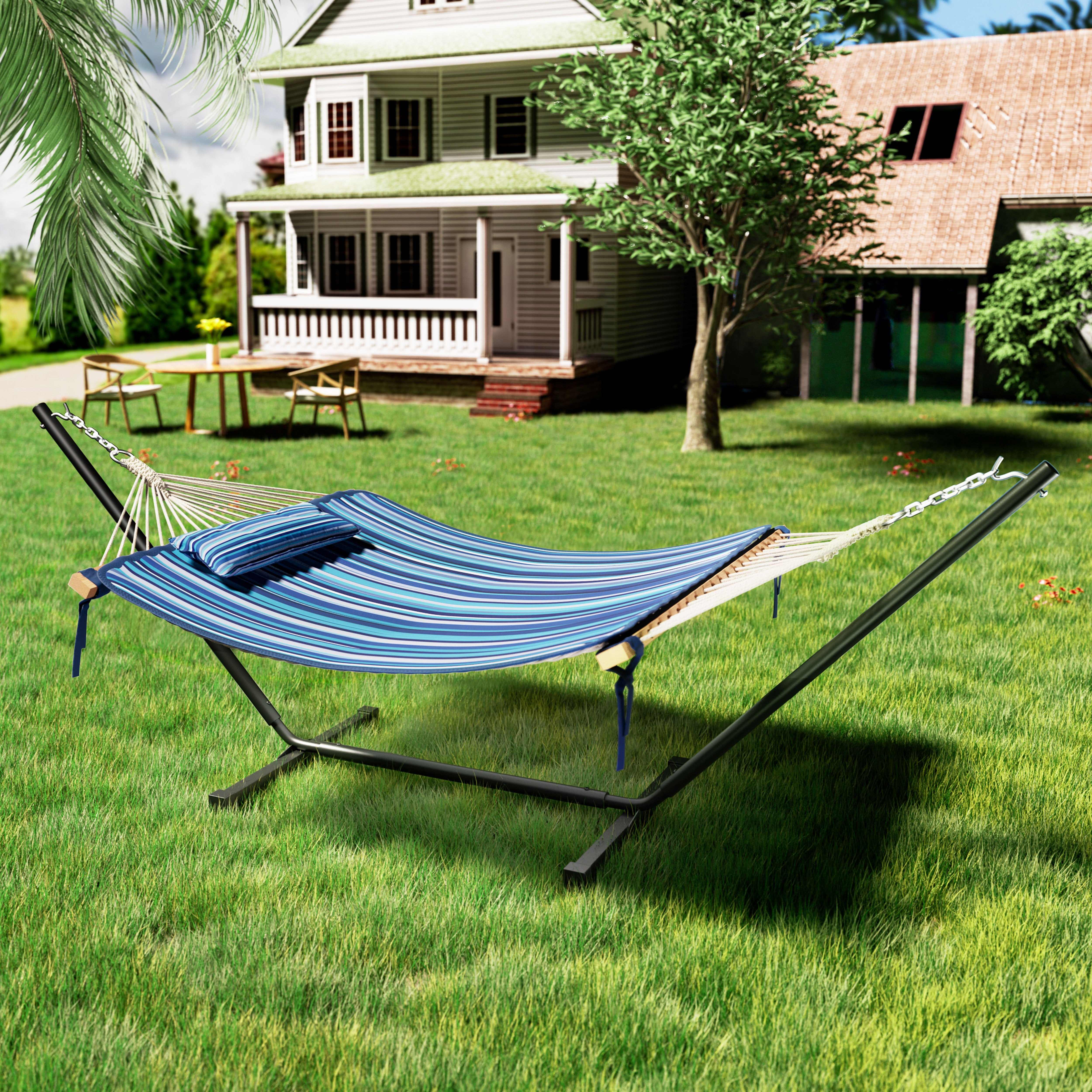 

Double Freestanding Quilted 12ft Hammock With Frame And Spreader Bars, 2 Person Portable Hammock With Stand And Pillow