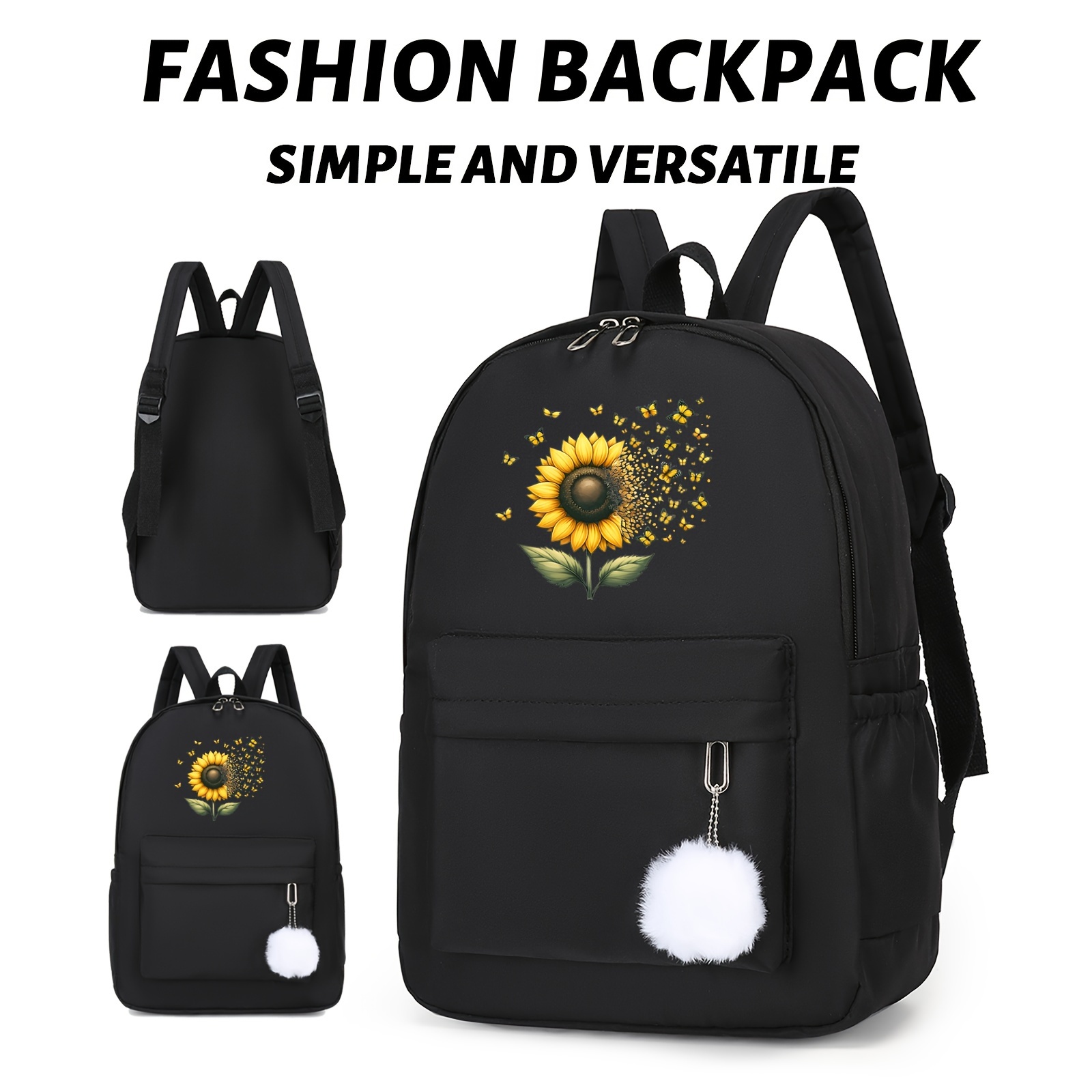 

1pc Sunflower Printed Backpack, With Side Pocket, For Bottle Umbrella Storage, Book Bag, Suitable For Men And Women, Suitable For Library And Outdoor Activities With Cute Pendant