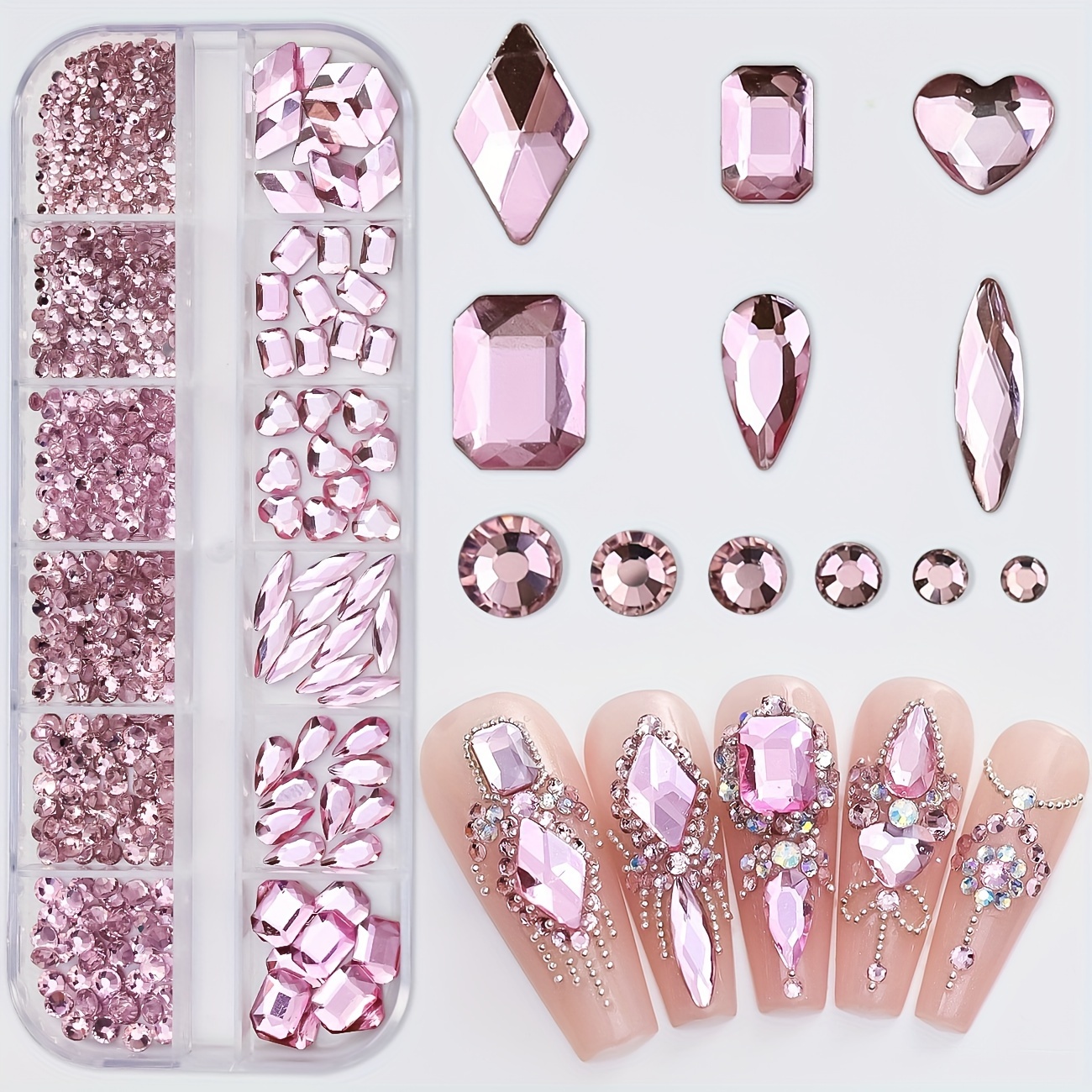 

12 Grid 3d Flat Nail Rhinestones Set, Multi-shaped Ab Gemstones, Unscented Jewelry Charms For Diy Crafts, Nail Art Decoration, Facial & Clothing Embellishments