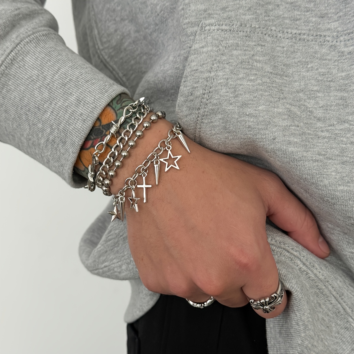 TEMU Ensemble de 4 bracelets hip-hop à couches croisées et pour hommes, accessoires de poignet tendance pour transfrontalière