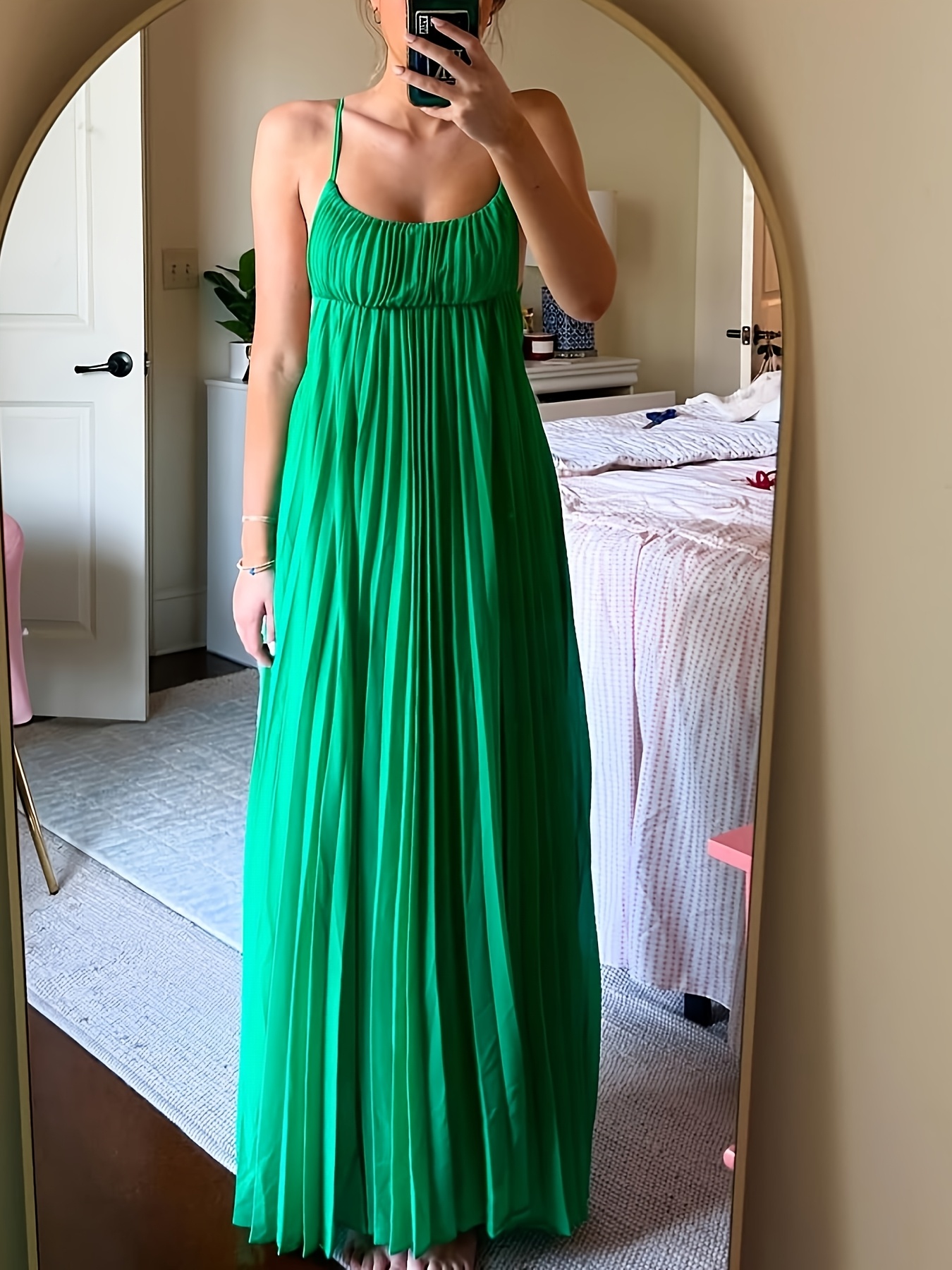 *nt Green Spaghetti Strap Pleated Maxi Dress Flowy, Draped Tunic for  Women Versatile Dress, Versatile Dress Pleated Detail