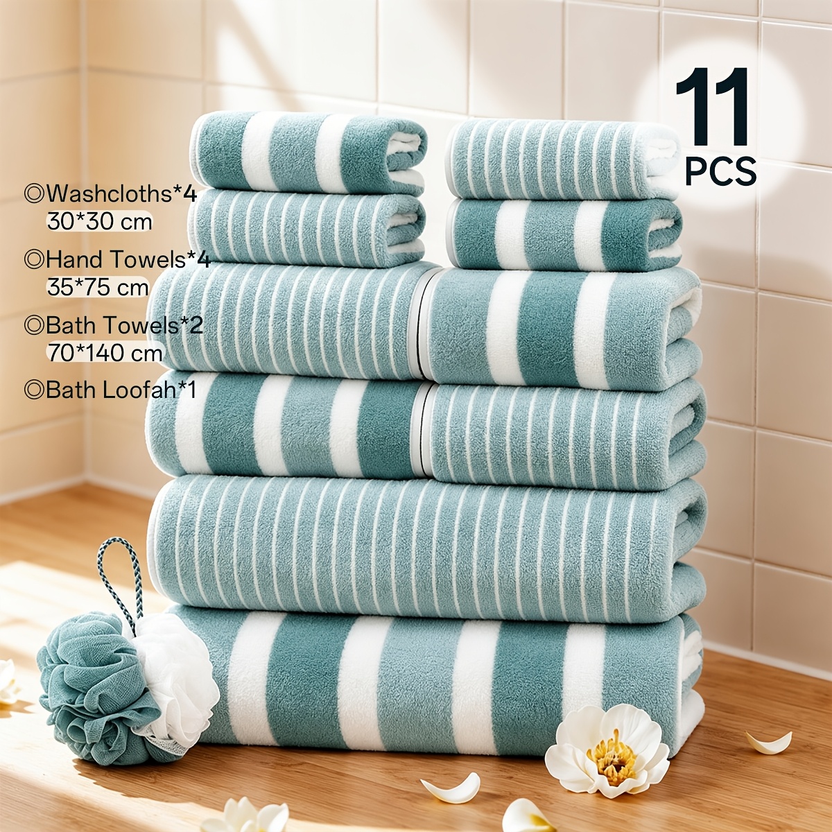 TEMU 19/11pcs Towels Set, Striped Bath Towel, Optional, Soft And Comfortable, Absorbent, Family Set, Suitable For Travel, Bathroom, Fitness, Hotel,