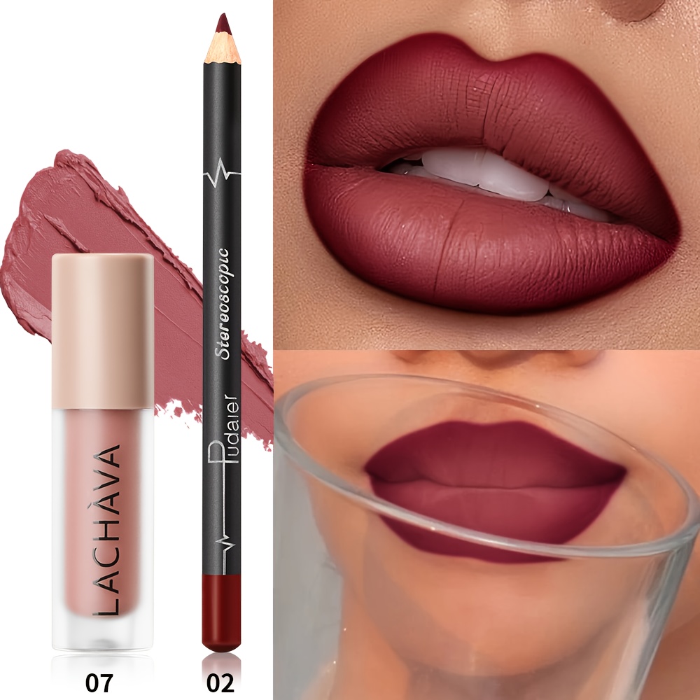 TEMU [waterproof] 2pcs Matte Lip Glaze And Lip Liner Pen | Waterproof & | Non-sticky, Lightweight Formula | Vibrant Purple Shades | Ideal For Types