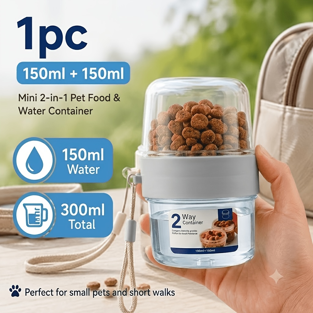 1  in 1 portable pet travel feeding cup double layer split design 150ml 150ml pet food water container with hand strap transparent treat storage compartment for cats small dogs puppies for daily walking park trips pet training snacks Product details 6
