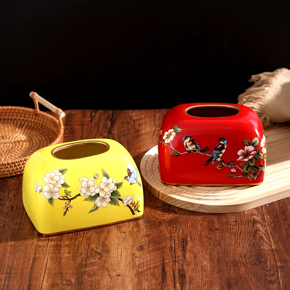 1pc flowers and birds ceramic tissue box holder elegant floral   with golden accents durable home office decor for living room dining table perfect thanksgiving gift for friends   detailed     Product details 3