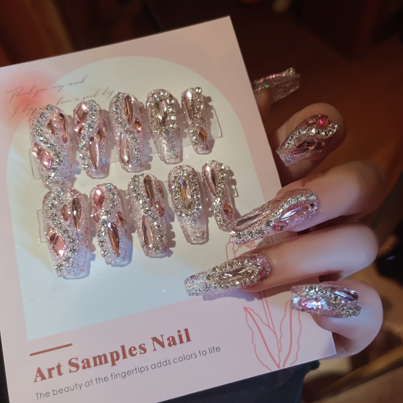 

24-piece Press-on Nails Set, Long Coffin Shape, Pink Glitter With Full Rhinestones Chain Detail, Perfect For Parties, Daily Wear, Extendable & Removable With Jelly Glue & Nail File Included