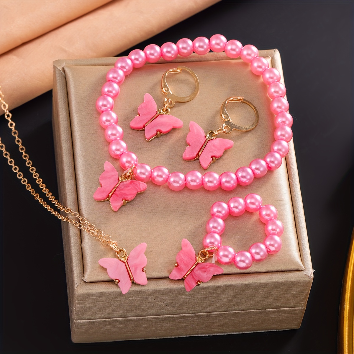 TEMU Boho Style Vacation Jewelry Set For Women - 5pcs Alloy Pearl Pendant Necklace, Ring & Earrings Gift Set, Resin Mosaic, Daily & Holiday Wear -