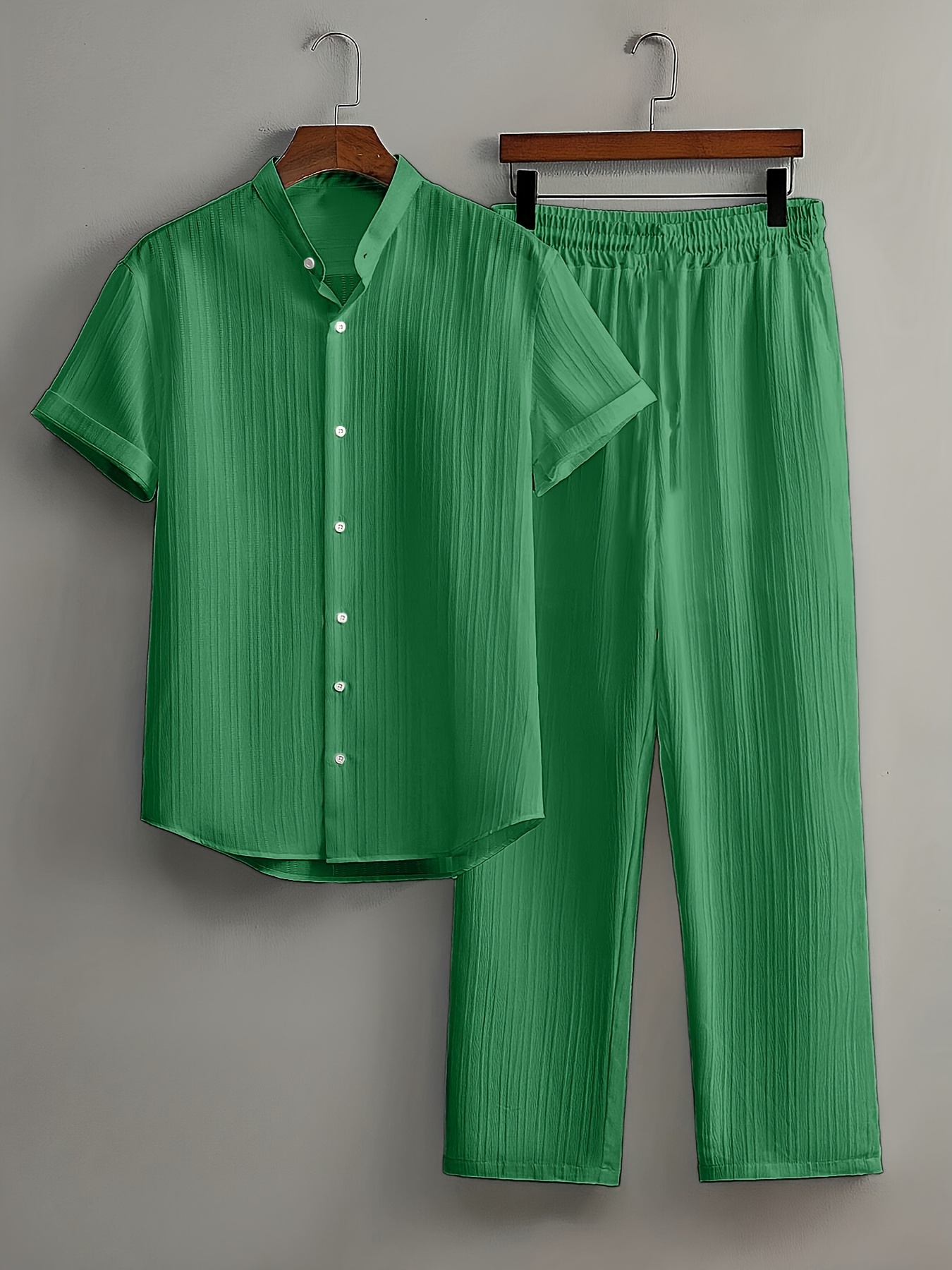 Men's Summer, Fashionable Wave Pattern Simple Casual Short Sleeve Shirt and Plain Trousers Set