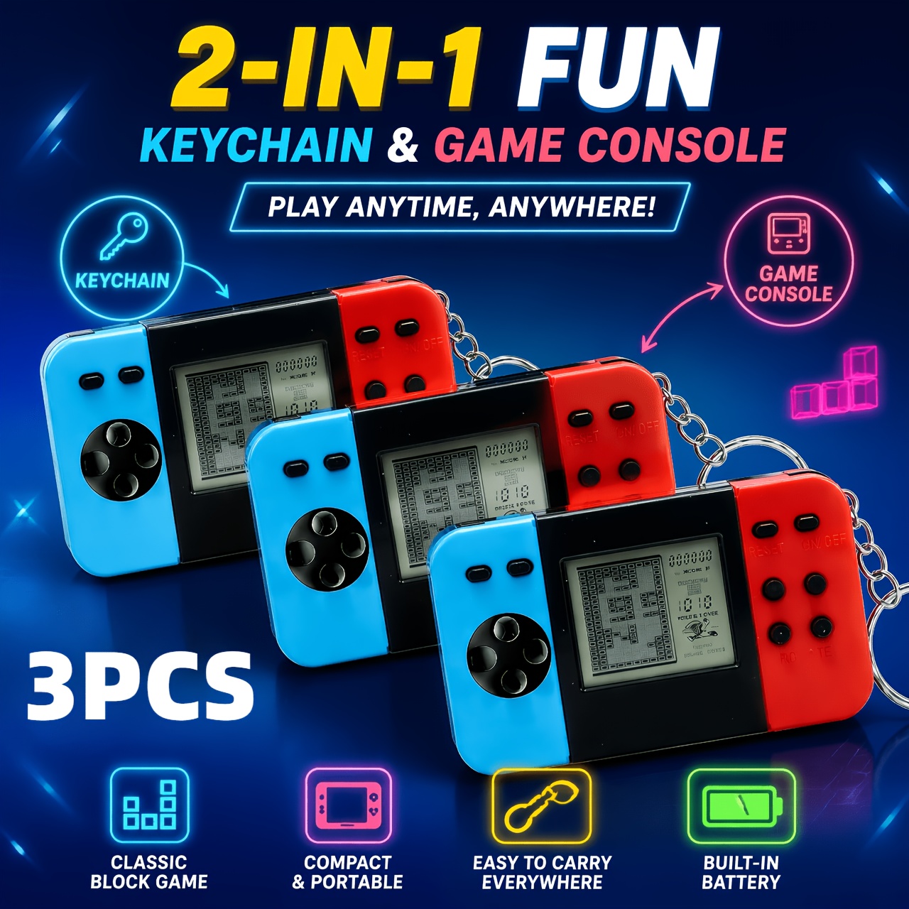 TEMU 3pcs Retro Mini Game Console Keychain, Arcade Electronic Game Keychain, Backpack Hanging Decoration, Keychain Decoration, Perfect For Party