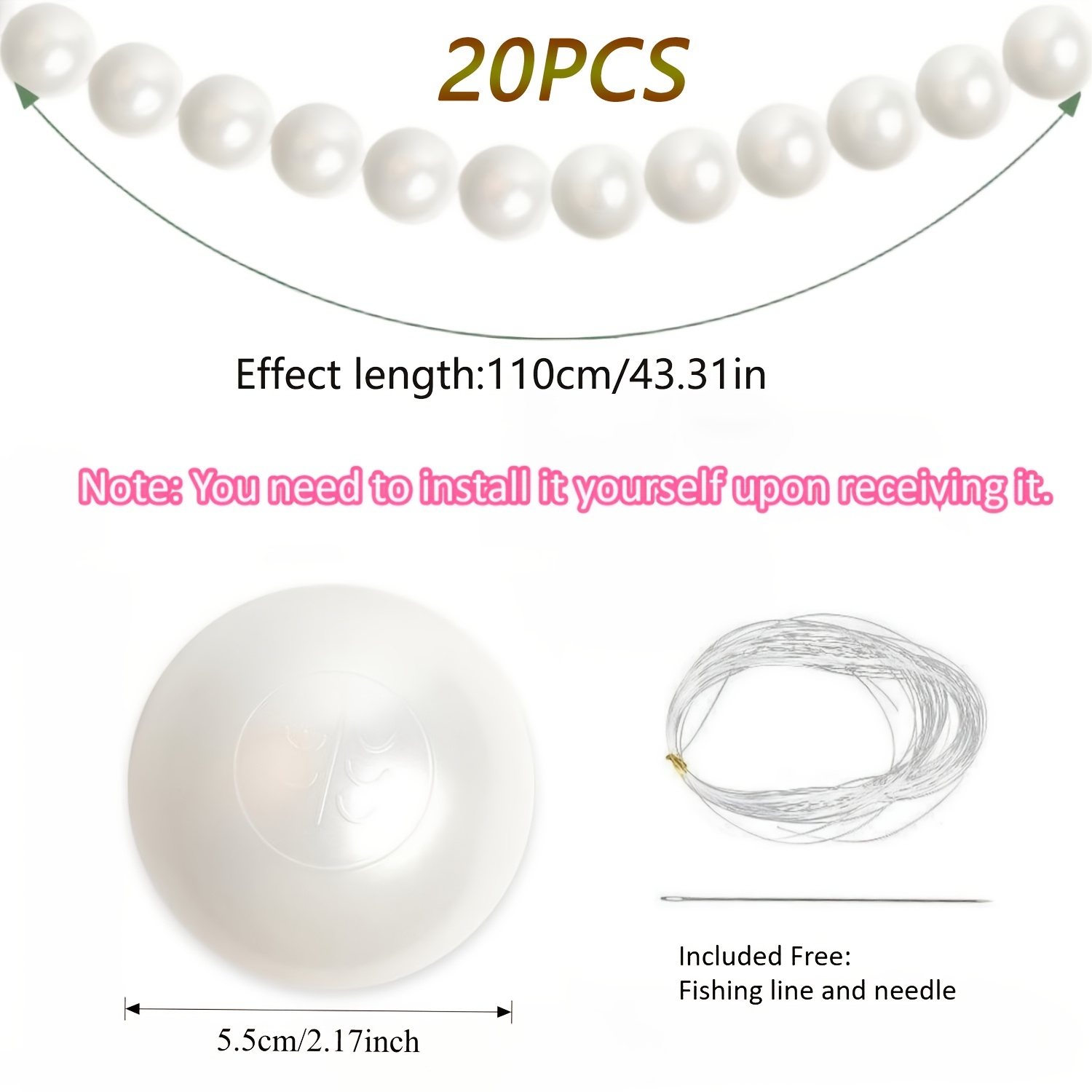 Image of Pearl Garland Stair Decoration, 20pcs White Pearls, For Home Stair Wedding Christmas Tree Wreath Party Decor