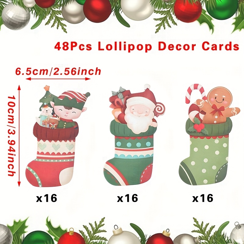 TEMU 48pcs, Christmas Socks Paper Lollipop Decor Cards, Red Green Socks Design Lollipop Card Holders, Merry Christmas Party Decoration, , Happy New