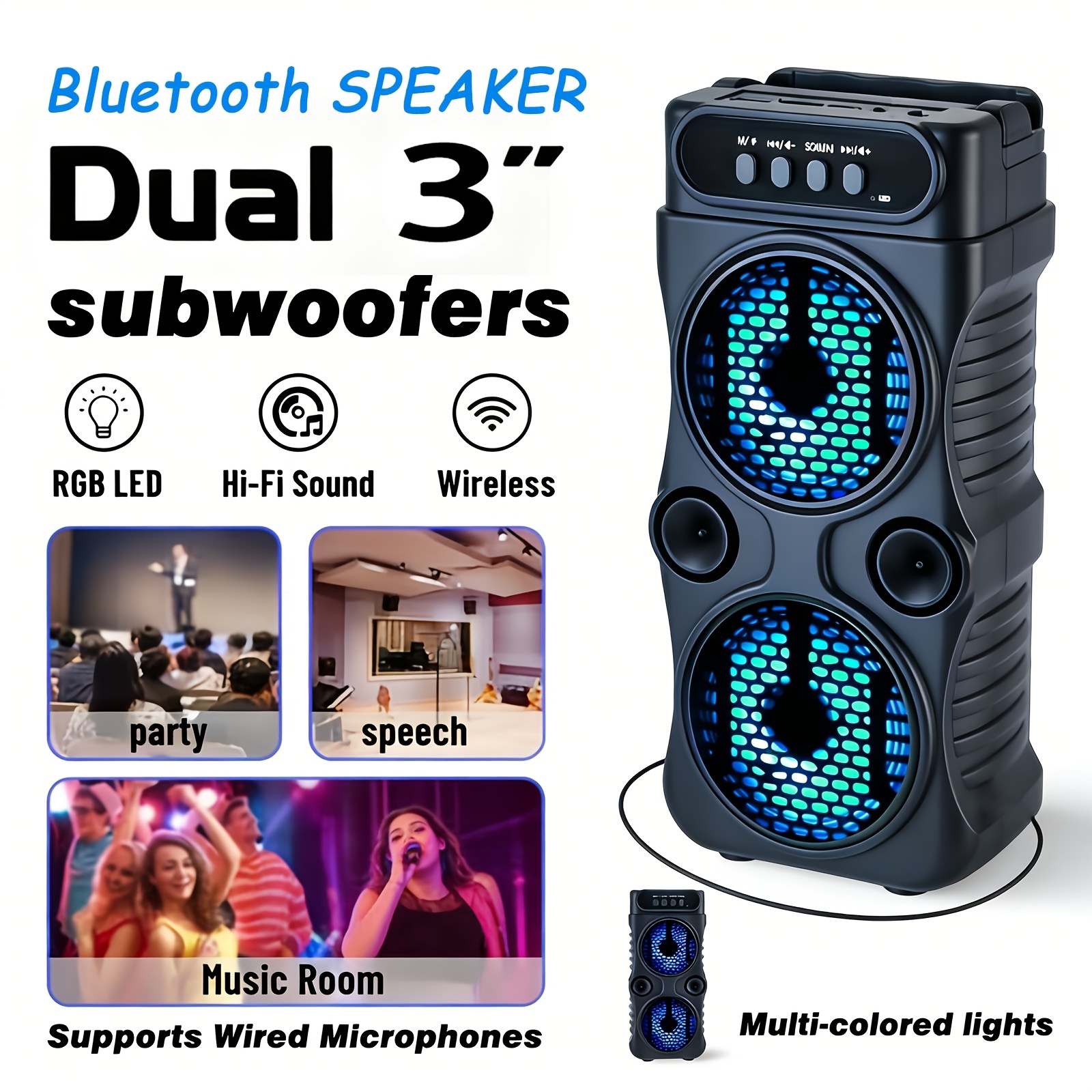 TEMU Portable Wireless Bluetooth Speaker With Connect A Microphone, Colored Lights. Supports Tf Card, Usb Type-c, And Fm Radio, Making Suitable For
