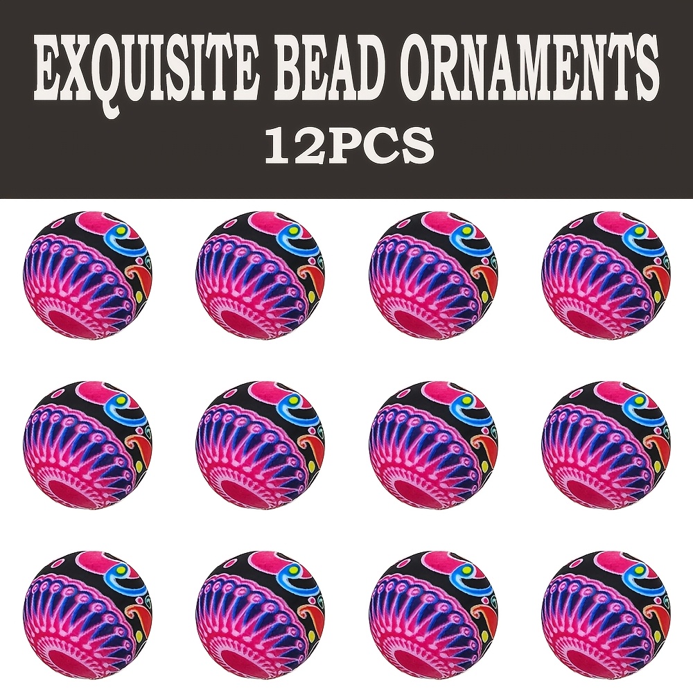 TEMU 12pcs Bohemian Floral Silicone Beads & Beads Suitable For Jewelry Making, Diy Crafts, Water Transfer Round Beads With Patterns, Compatible For
