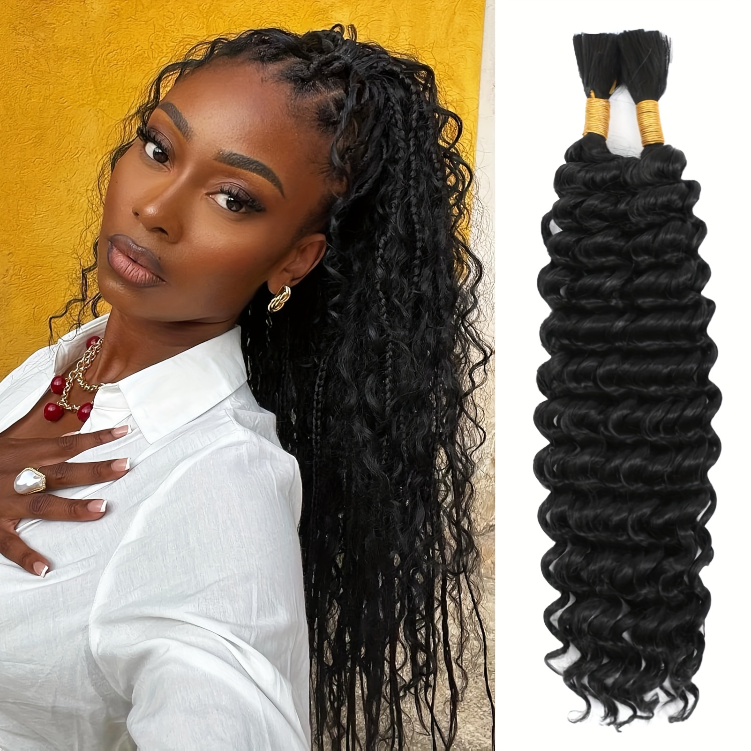 Image of 18 Inch/24 Inch Bohemian Hair For Deep Wave Large Volume Bohemian Hair Curly, Wet And Wavy Braided Hair Extension 2 Bundles Water Wave, Black