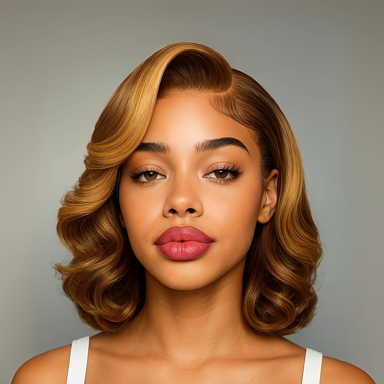 Image of Elegant Loose *4 Transparent Lace Frontal Human Hair Wig, Light Brown Wig, 180% Density Bob Human Hair, Loose Wave Hair Style With Hairline, For Daily Wear