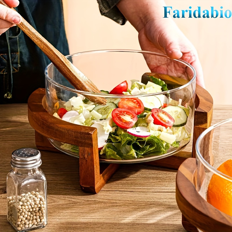 

1pc Faridabio Elegant Glass With Bamboo Stand, Suitable For Living Room Snacks, Home , Salad Bowl, Restaurant Buffet Bowl, Round Snack & Salad Serving Dish For Home And Restaurant Use