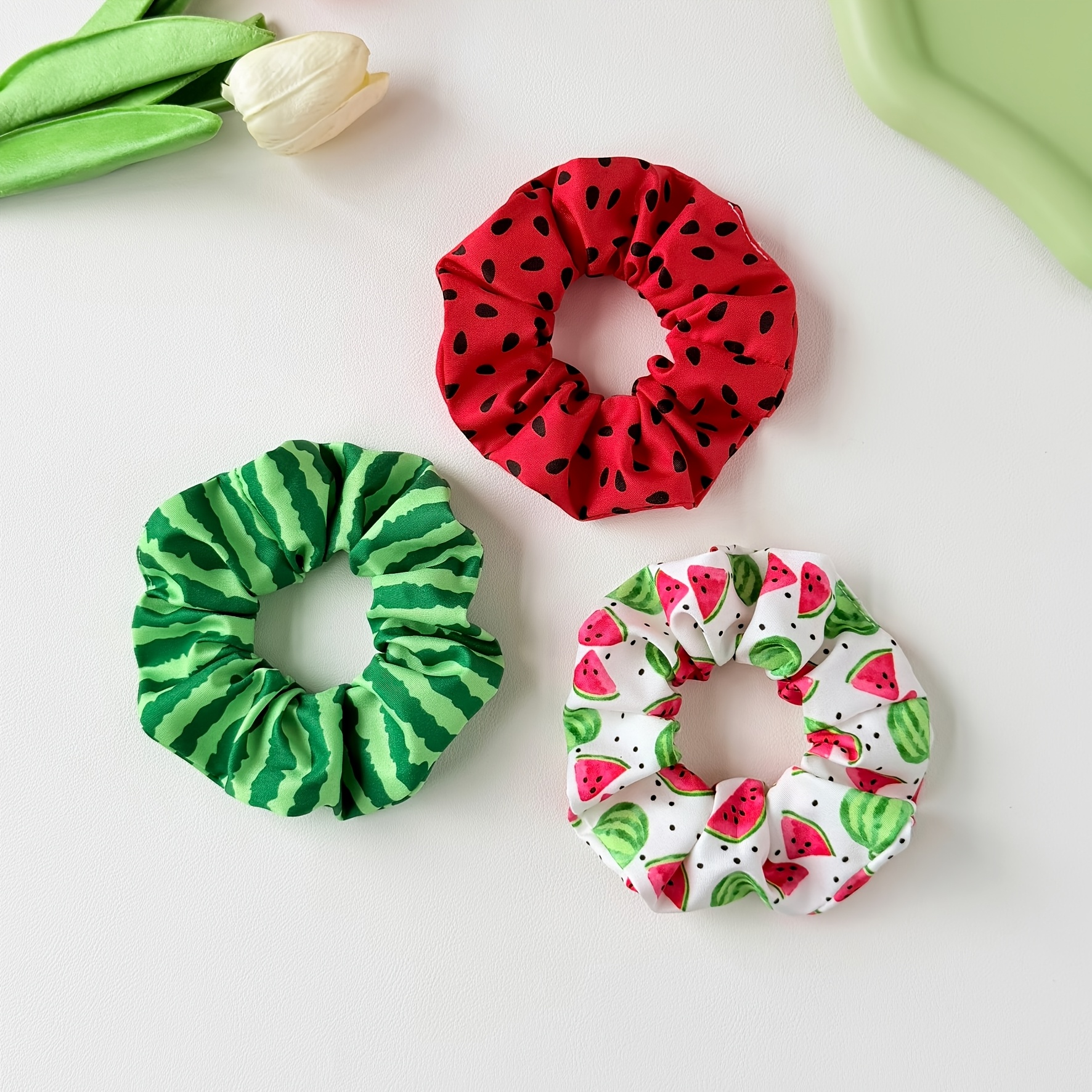 TEMU 3er-Pack Damen Süße Cartoon Frucht Element Stoff Haargummi, Einfaches und Niedliches Wassermelonenmuster Druck Mode High-End Kopfband