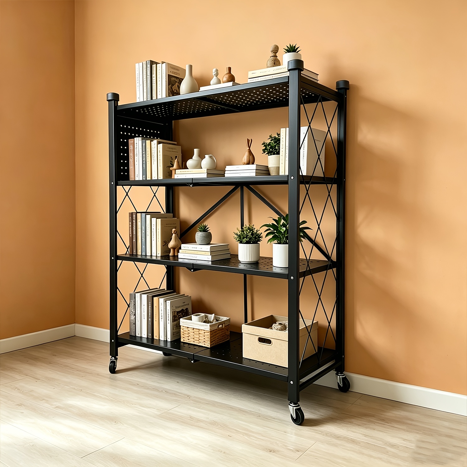 TEMU 1pc 2/3/4/5-tier Heavy-duty Folding Storage Rack With Casters, No , Ideal For Office And Bookshelf Organization - Foldable, Space-saving,