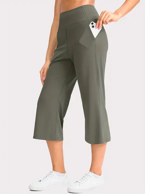 capri pants for women wide leg yoga pants with pockets high waist casual dress crop pants
