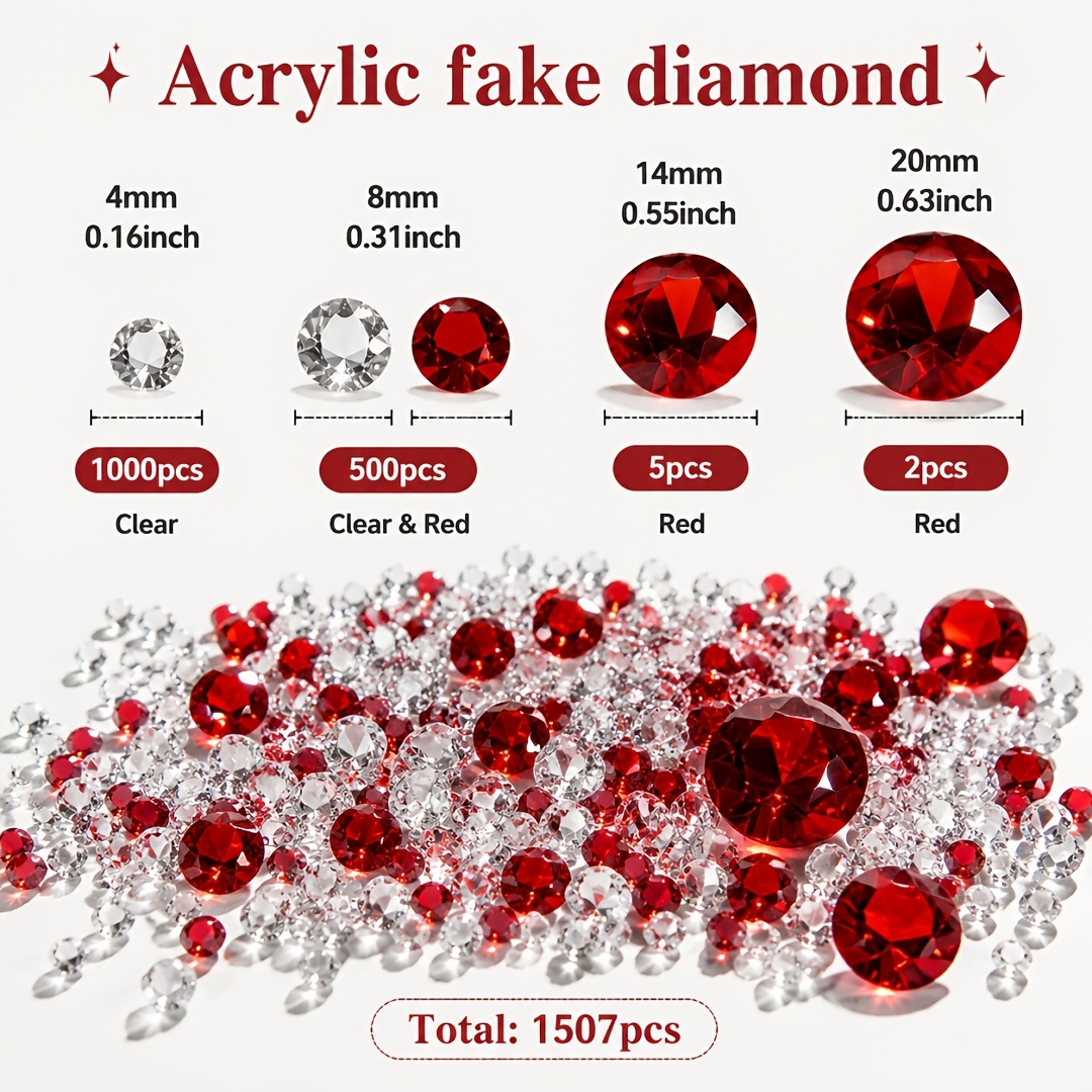 TEMU 1507pcs Red Acrylic Fake Diamonds, Vase Filling, Home Decoration, Crafts, Vase Decor Stones, Princess Party Favors, Table Centerpieces, Wedding