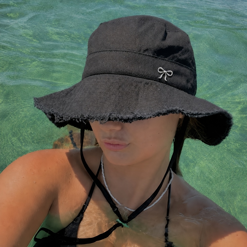 TEMU Chapeau Bob Femme à Cordon et Nœud (1pc) avec Laisse à Réglage pour le et Bord Effet Délavé; Fabriqué en Douce, Coupe-Vent et Élégant - Parfait