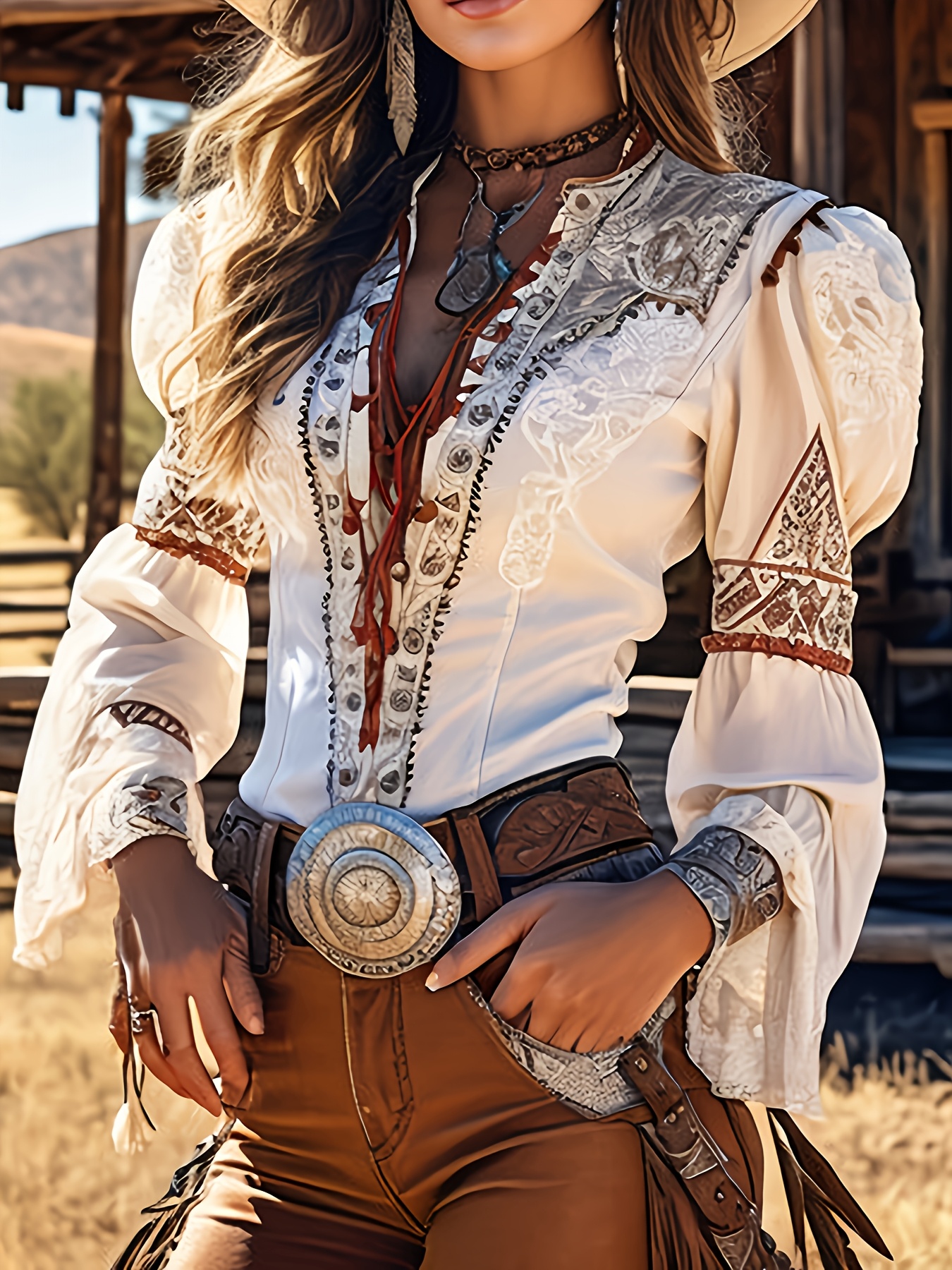 a white lace long sleeve top for   for a western boho festival or vacation featuring a   detail   with leather pants and a cowboy hat