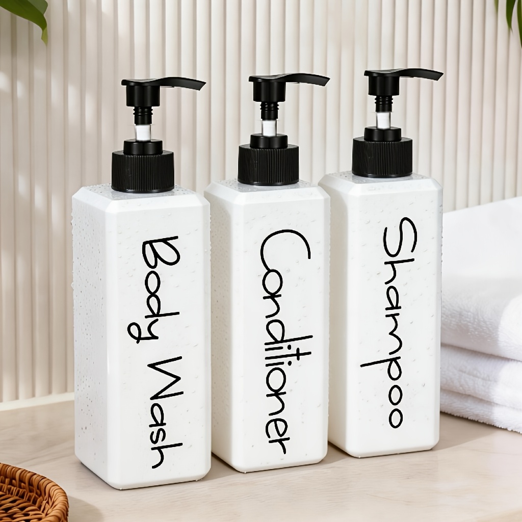 TEMU 3pcs Set: 500ml Square Bottles With Black Pump Heads, Shampoo, Body Wash, And Conditioner Dispenser Bottles, Bathroom Decor Accessories
