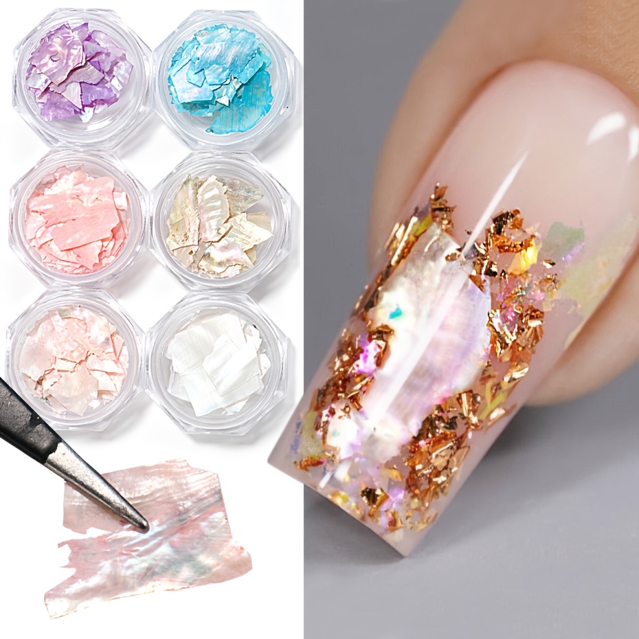 TEMU 6 Boxes/set Aurora Iridescent Abalone Shell Nail Flakes Ultra-thin Irregular Abalone Slices Pink White Blue Purple Breakable Glitter Sequin Nail