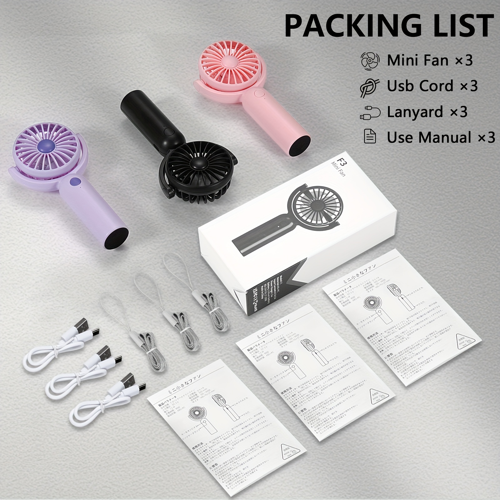 TEMU 3pcs Mini Fan Rechargeable Electric 180° Adjustable Portable Indoor Outdoor Travel Camping Handheld Fan