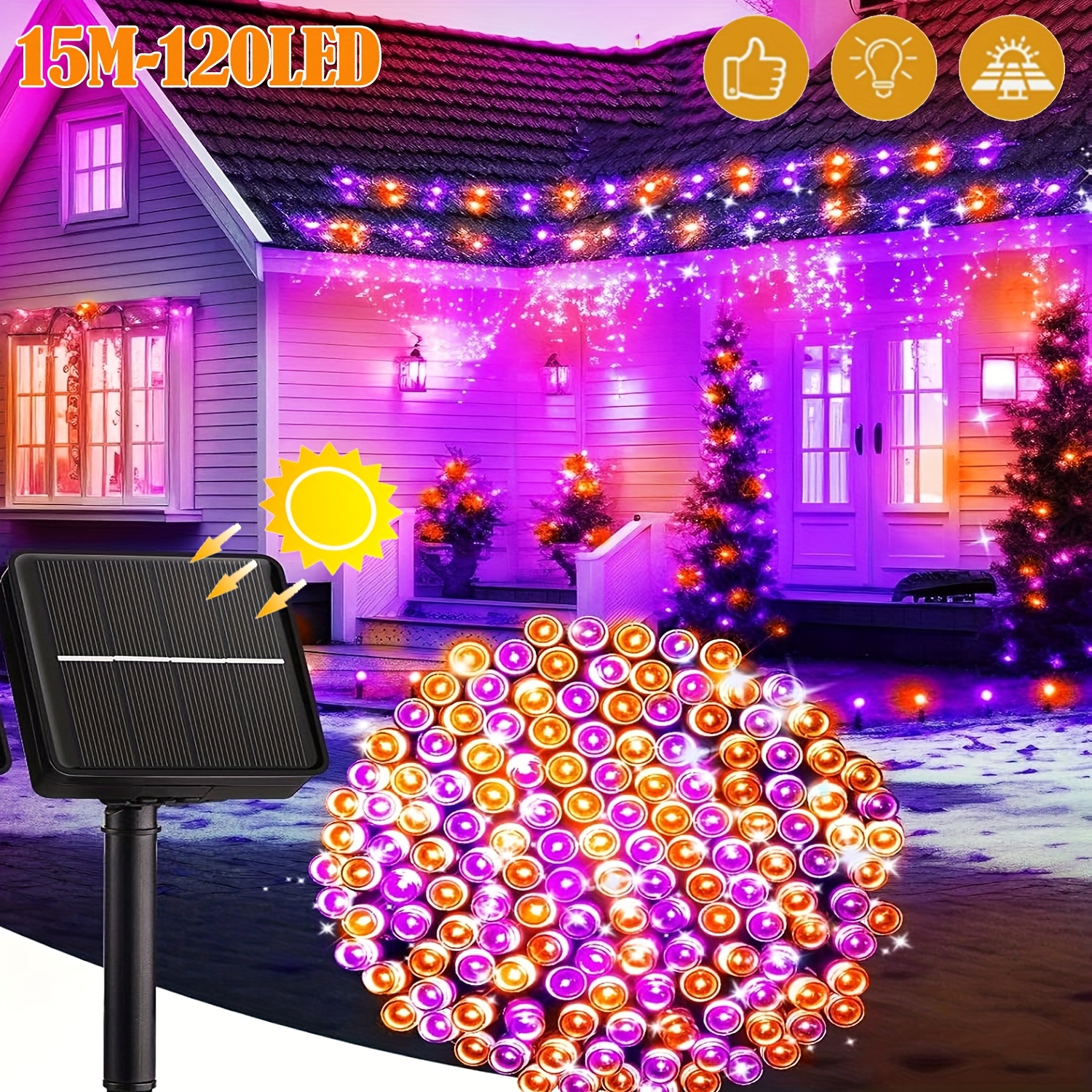 Solar Halloween Lights Outdoor - 15m/120leds, 25m/220leds, 35m/320leds Purple Yellow String Lights, 8 Ip65 Solar Powered Halloween Decor For Garden, Fence